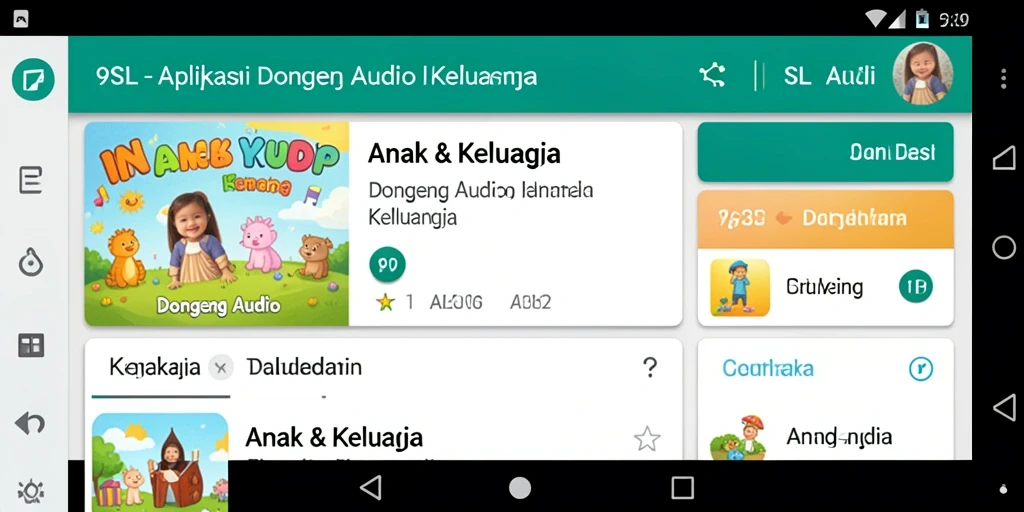 Antarmuka aplikasi 9SL menampilkan berbagai pilihan dongeng audio.