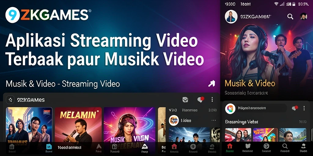 Antarmuka aplikasi 9ZKGAMES dengan berbagai pilihan video dan musik.