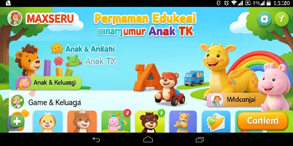 Antarmuka menarik dari aplikasi MAXSERU untuk permainan anak.