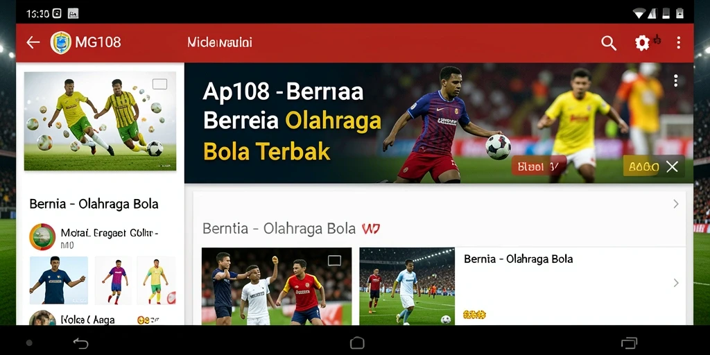 Antarmuka pengguna MG108 dengan berita olahraga bola terkini.