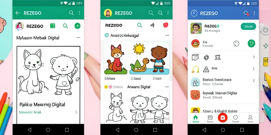 Screenshot aplikasi REZEGO menampilkan antarmuka mewarnai yang cerah dan interaktif.